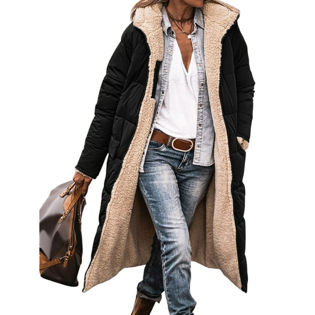 Innerwin Overcoats Long Sleeve Ladies Fleece Jacket Winter Hooded Loose Sherpa Coat Black S