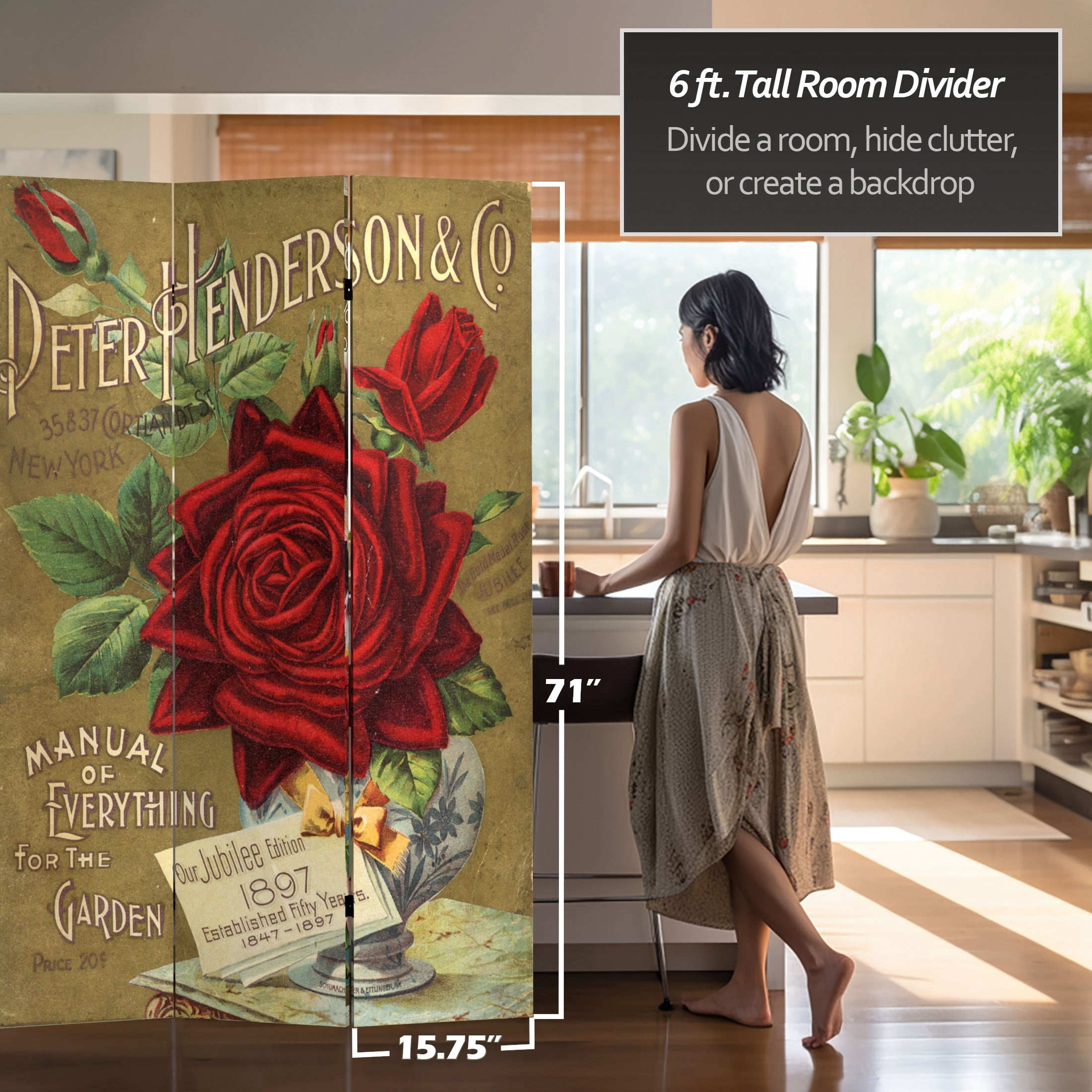 Oriental Furniture 6 ft. Tall Flower Seeds Canvas Room Divider - Roses - 3 Panel