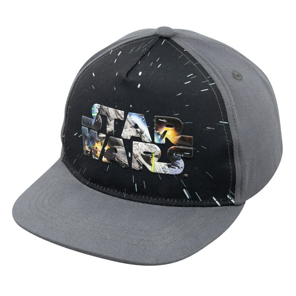 Star Wars Classic Embroidered Logo Flatbrim Baseball Cap Hat, Boys Youth, Black/Grey