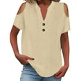 thumbnail image 2 of Tittly Womens Linen Shirt Blusas De Lino Para Mujer Linen Blouses for Women Women's Fashion Casual V Neck Short Sleeve Top T Shirt Beige, 2 of 5
