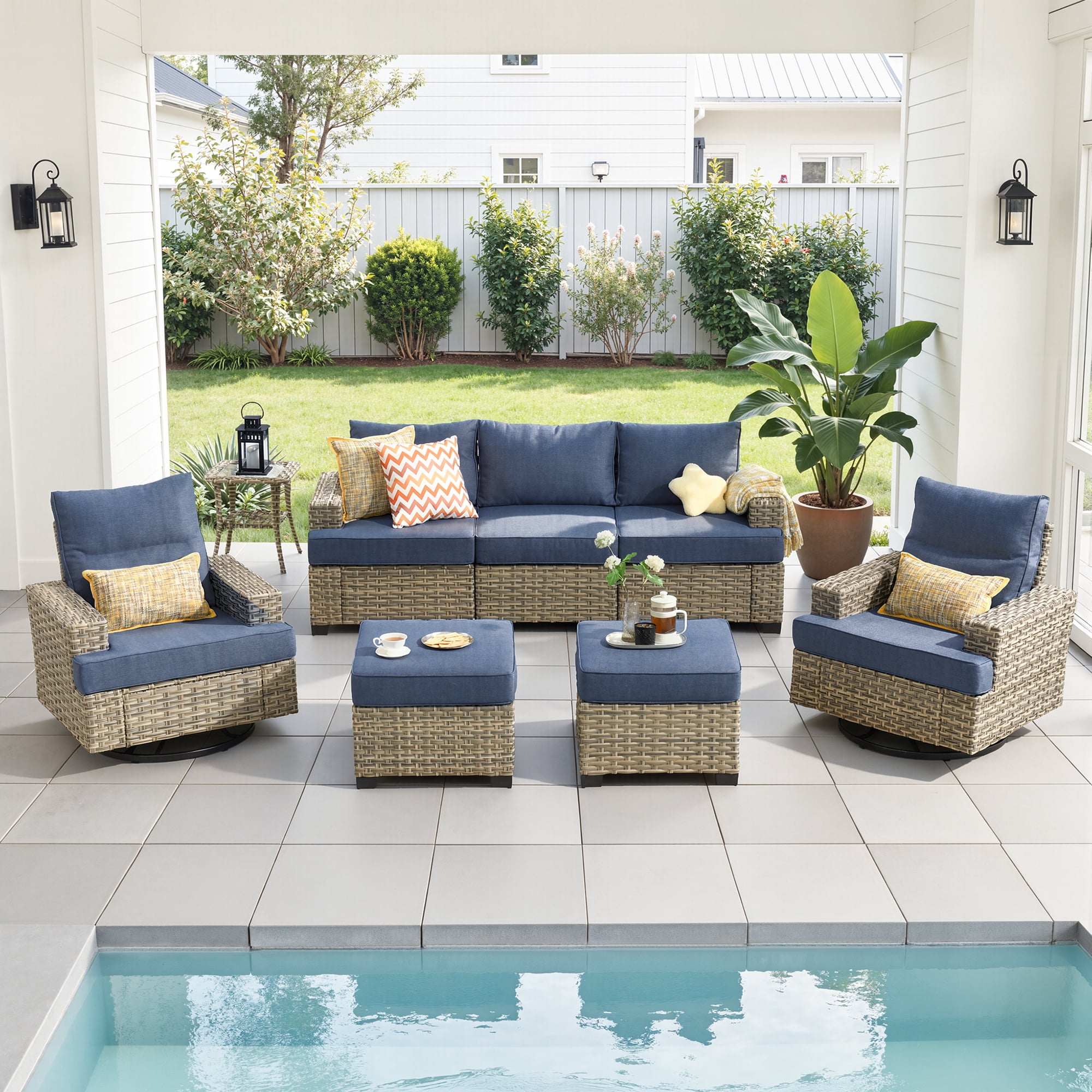 Ovios Patio Furniture Set 8 Pieces Patio Conversation Seating All-Weather Rattan Wicker Outdoor Sectionals with Swivel Rocking Chair for Backyard