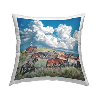 Lunarable Western Throw Pillow Cushion Cover, Country Theme Hand Drawn Illustration of American Wild West Desert with Cowboys, Decorative Rectangle