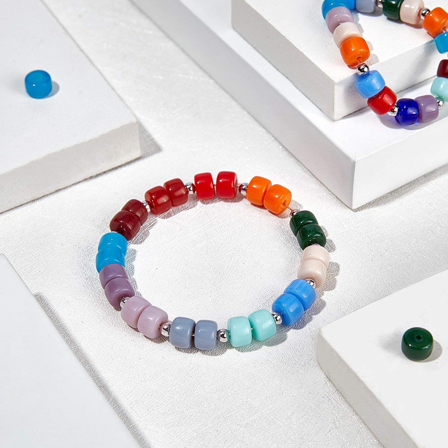 490 Pcs Cylindrical Glass Beads Opaque Solid Pony Beads and Round Brass Spacer Beads with Clear Elastic Thread for Bracelet Necklace Jewelry Making