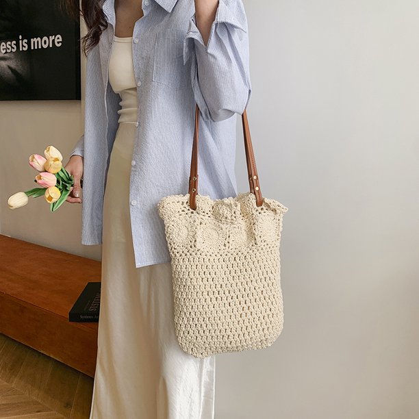 Bolsa de hombro Summer Beach Woven Tote cubo para mujeres beige