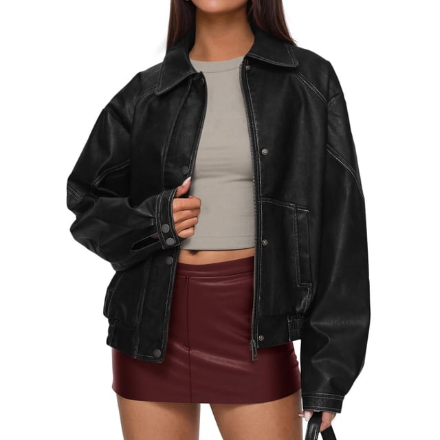 Abrigo PRETTYGARDEN Chaqueta Bomber de Cuero Sintético Negra XL