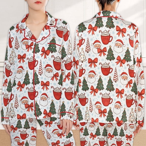 Lotusprinthandmade Coquette Christmas Satin All-over Print Satin Pajamas Set (S), coquette christmas pajama set for women