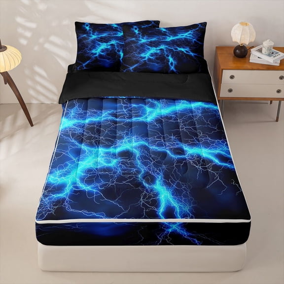 Homewish Blue Wild Lightning Zipper Twin Comforter Sets with Fitted Sheet and 2 Pillowcases,Modern Abstract Art Zipper Bedding Set,Black Reversible,4pcs