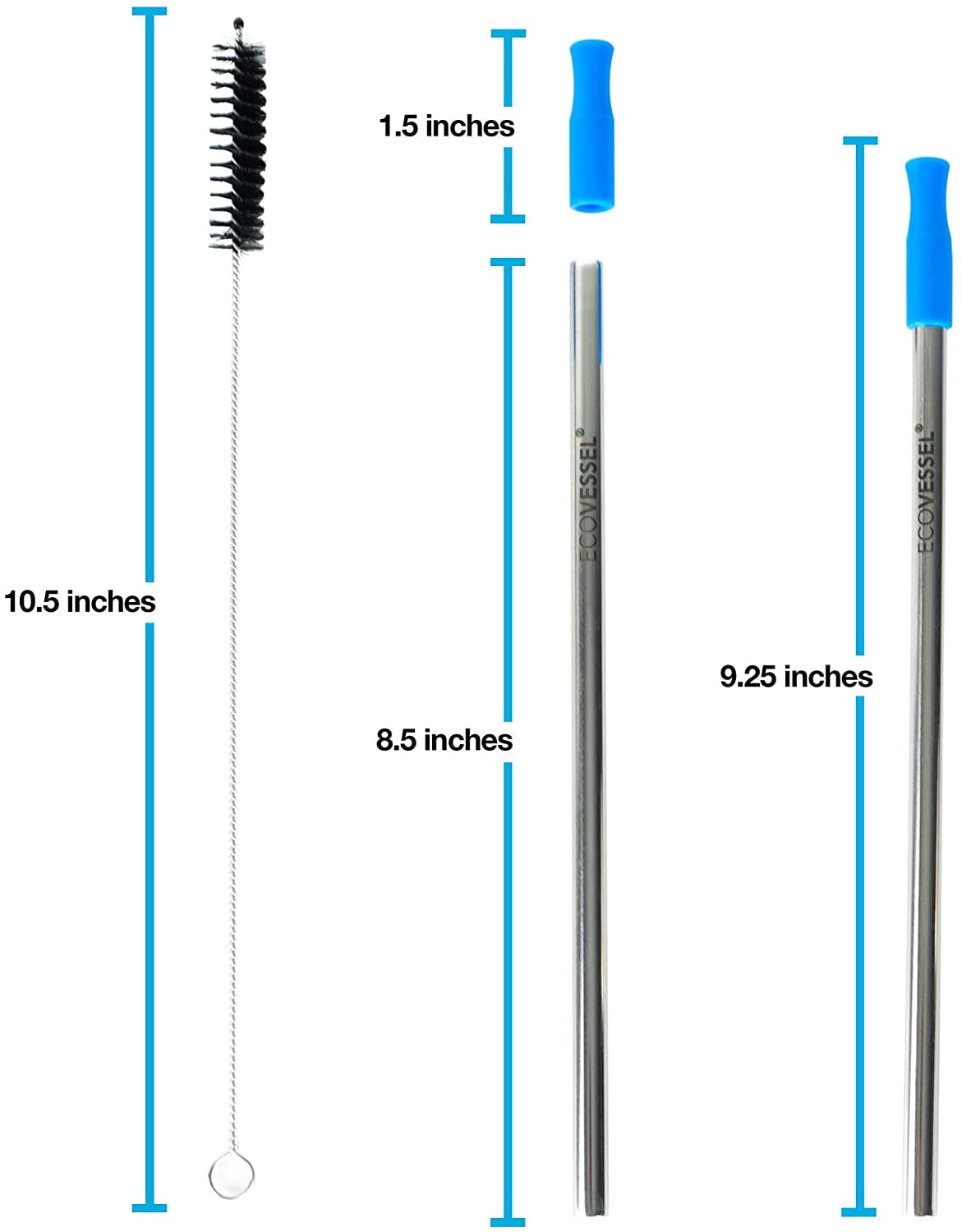 Ecovessel Multi Color Stainless Steel 4 Pack Reusable Metal Straws & Cleaning Brush