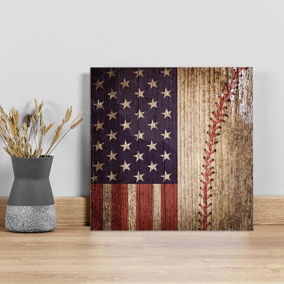 American Flag Vintage Wall Art Painting on Canvas, Farmhouse Baseball Blue Red Canvas Art Home Prints Wall Art Framed Modern Artwork for Living Room Bedroom Wall Decor 8x8in