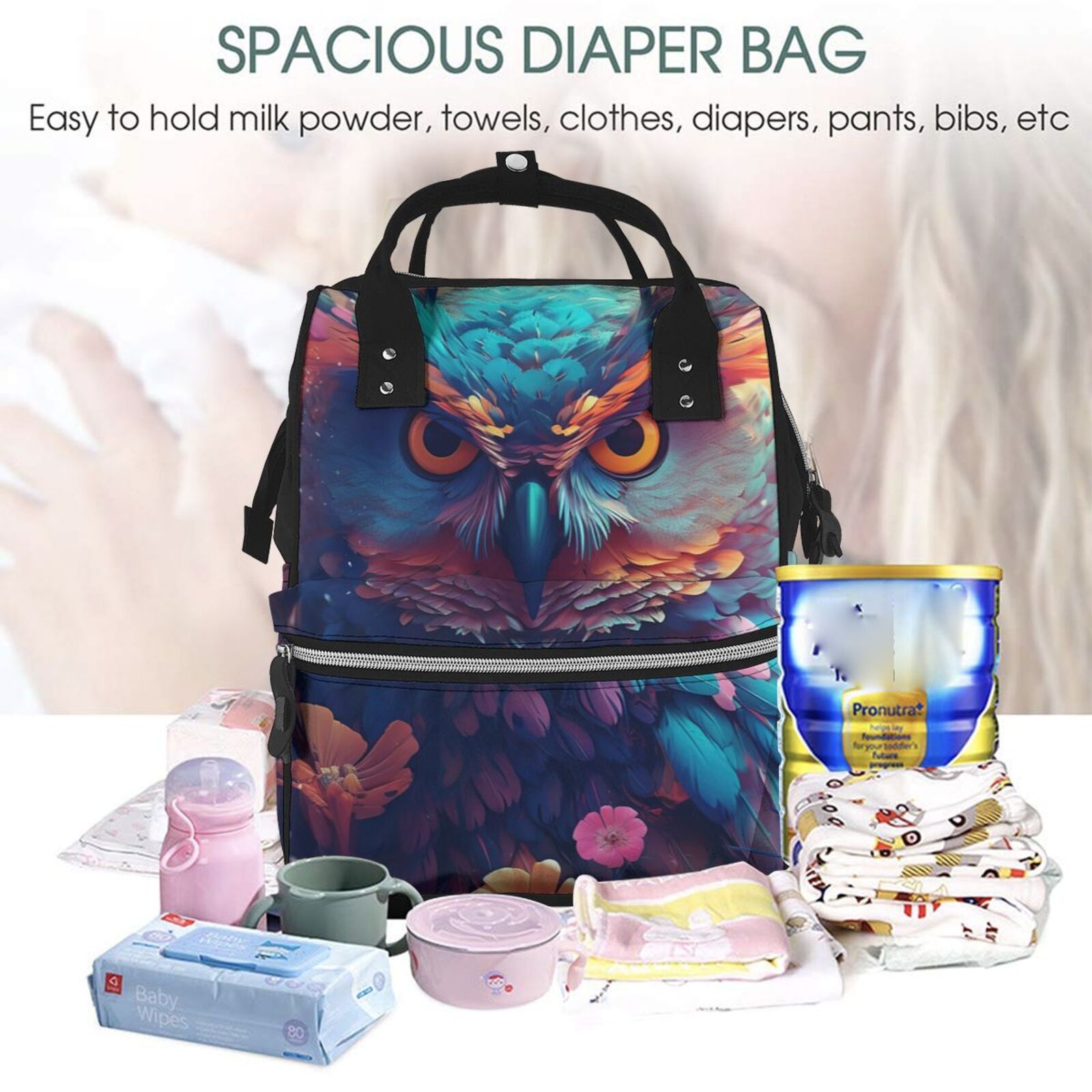 Fuzoiu Colorful Feather Owl Print Diaper Bag Backpack,Baby Essentials Travel Tote,Multi function Waterproof Diaper Bag, Travel Essentials Baby Bag - Unisex
