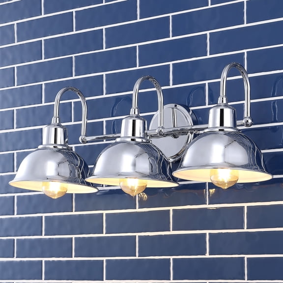 JONATHAN Y Frisco 26.5" 3-Light Farmhouse Industrial Iron Shade Vanity, Chrome