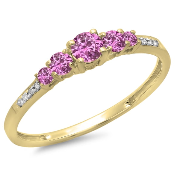 Dazzlingrock Collection 14K Round Cut Pink Sapphire & White Diamond Ladies Bridal 5 Stone Engagement Ring, Yellow Gold, Size 6