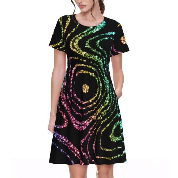 Balery Rainbow Glitter Vestidos sueltos de manga corta para mujer, vestidos de verano 2025, vestidos casuales de corte A con vuelo.