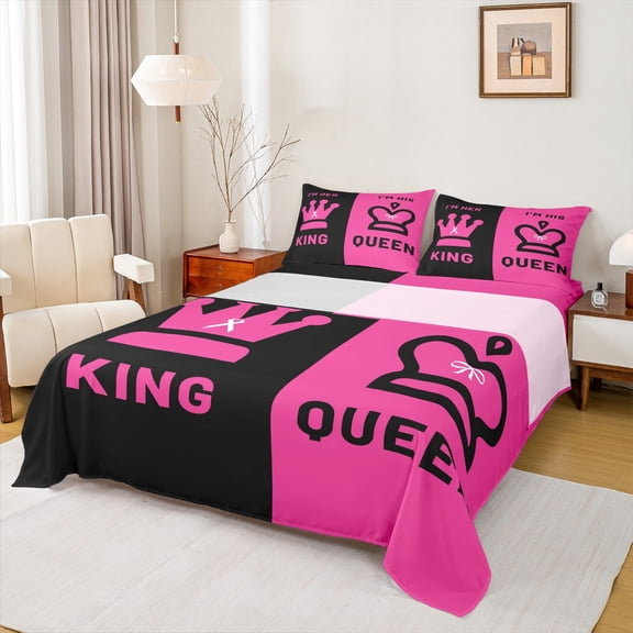 Castle Fairy King And Queen Crown Twin Sheet Sets 3pcs for Female Men Women,Happy Valentine's Day Twin Fitted Sheet Microfiber,Black Pink Breathable Flat Sheet,Microfiber Bedroom Decor
