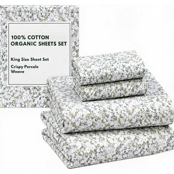 100% Organic Cotton Percale Sheets King Size Floral Rush Deep Pocket 15" Crisp Peach Finish