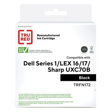 TRU RED Dell Series 1 (FN172) Black Remanufactured Standard Yield Ink Cartridge TRFN172/SID-R10 Print high-quality pages with this TRU RED? remanufactured Dell Series 1 black ink cartridge.Minimize the possibility of smears or smudges when printing with this black ink cartridge. The 335-page yield is suitable for low-volume printing. This TRU RED? remanufactured Dell Series 1 black ink cartridge is compatible with select Dell and Compaq printers for simple installation and ease of use. Yields up to 335 pages per standard cartridge. Remanufactured cartridges will save you money compared to the National Brands. Contains one black standard yield cartridge. TRU RED? remanufactured cartridges produce reliable copies. Packaging contains 100% recycled content. 1-year guarantee to be free of manufacturer s defects  get free replacement or your money back. Compatible with: Dell 720; A920 (Series 1); Lexmark Multifunction X75  X1150  X1185  X1270  X2250; Color Jetprinter i3  Z13  Z23  Z25  Z33  Z35  Z515  Z605  Z611  Z615  Z645; Compaq IJ650  IJ652 (#16/#17); Sharp FO-B1600; UX-A1000  UX-B20  UX-B25  UX-B30  UX-B700.Safety Data Sheet. Sold as 1 Each.