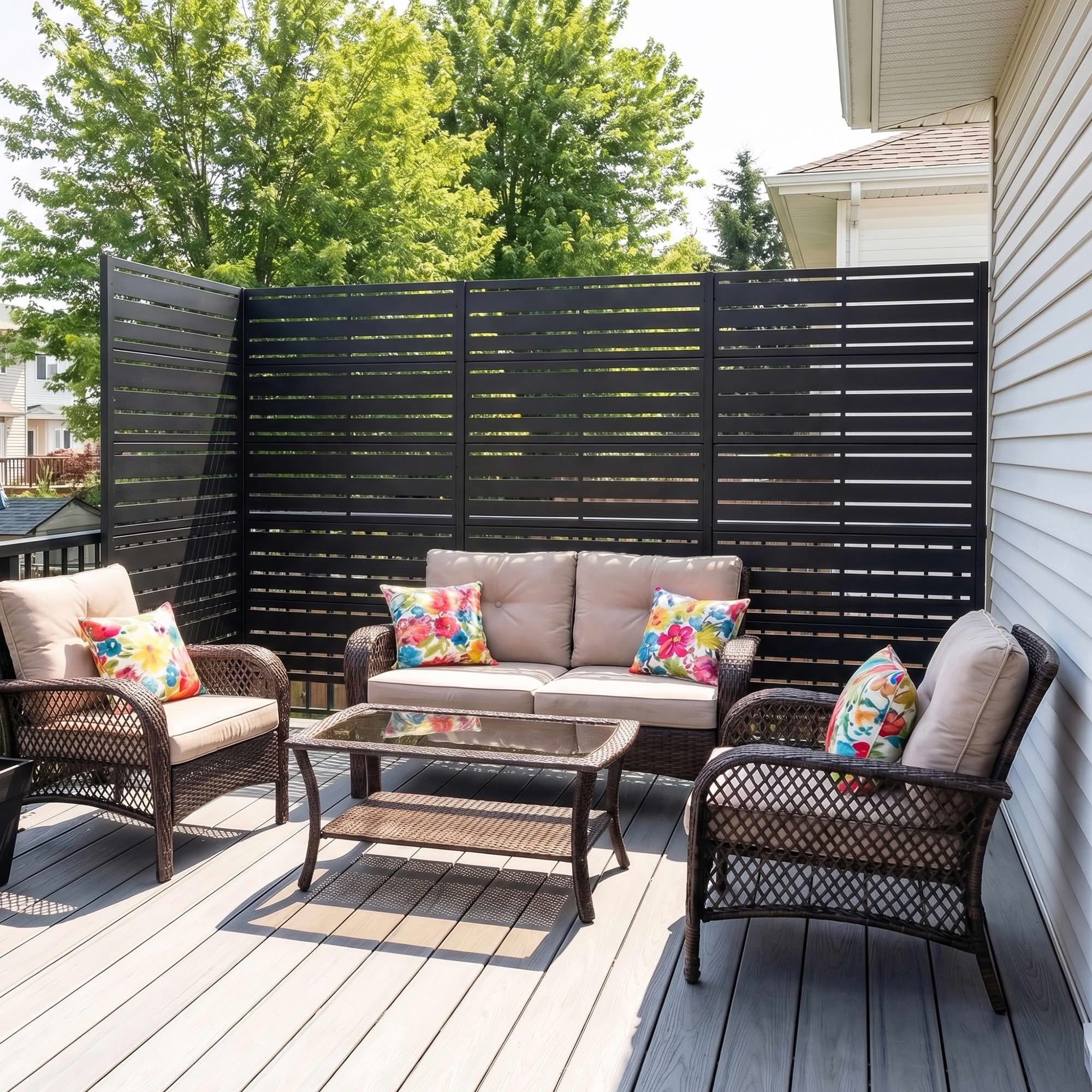 MAYEERTY 72"x35" Outdoor Privacy Screen, Black Wide-1 Narrow-2 Metal Louvered Freestanding Room Divider, for Patio Balcony Backyard