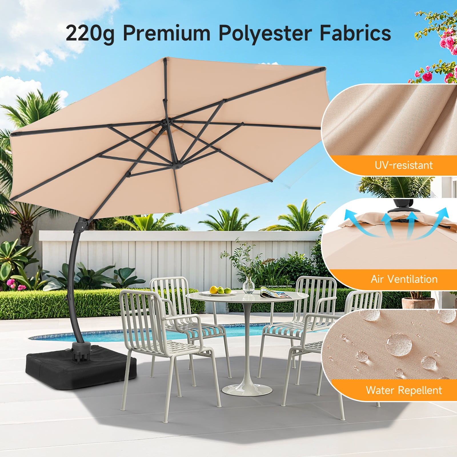 Dovov 11ft Patio Umbrella with Base, Aluminum Deluxe Round Curvy Cantilever Umbrella Large 360° Rotation Offset Hanging Outdoor Market Umbrellas for Lawn Garden Deck Backyard Pool, Champagne