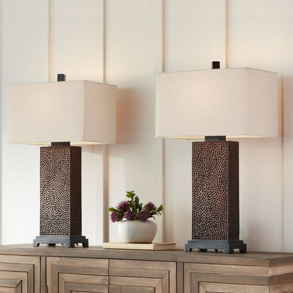 360 Lighting Caldwell Rustic Farmhouse Table Lamps 24.75" High Set of 2 Bronze Hammered Fabric Rectangular Shade for Bedroom Living Room Bedside