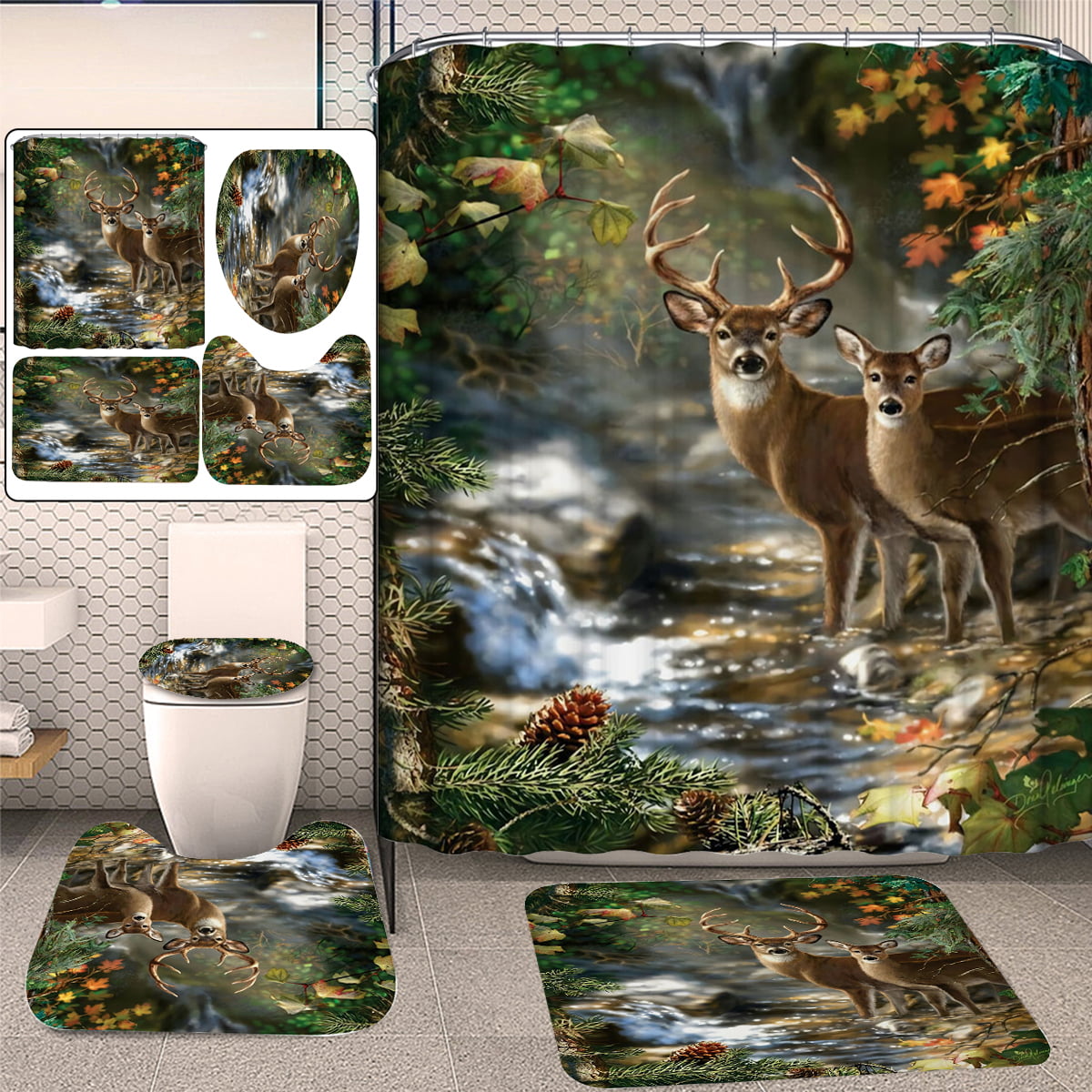 Elk Figure Bathroom Decor Waterproof Fabric Shower Curtain Liner Doormat Set 71" 