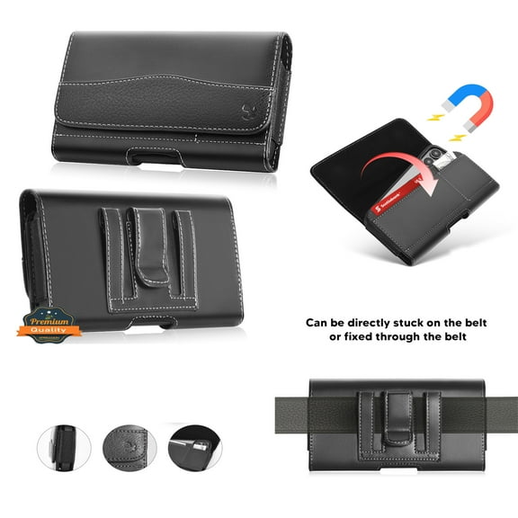 Phone Case for Horizontal CellPhone Cover Universal Smooth Pebble Leather Holster Pouch with Belt Clip and 2 Card Slots fit XL Device Size 6.3" Cover [ Black ]