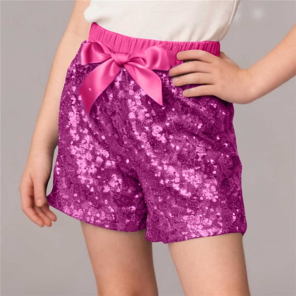 ATOGUTA Girls Sequin Shorts With Elastic Waist Festival Performance Clothes Dance Pants Hot Pink, Size 0-10