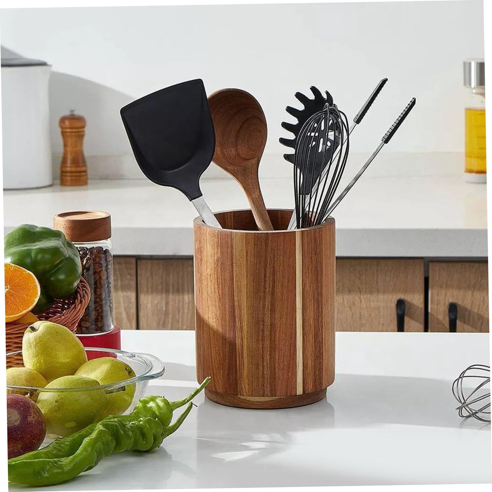 XKHHLH Acacia Wood Utensil Holder for Kitchen Counter, 360° Rotating Wooden Cooking Utensil Crock for Countertop, Farmhouse Kitchen Decor for Kitchen Counter Spoon Fork Cooking Tools Wooden