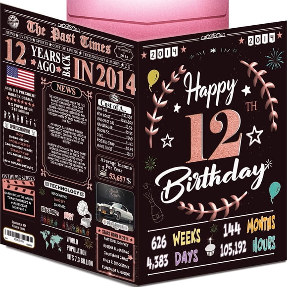 Tarjeta de cumpleaños de 2014 para 12 cumpleaños, negra y dorada