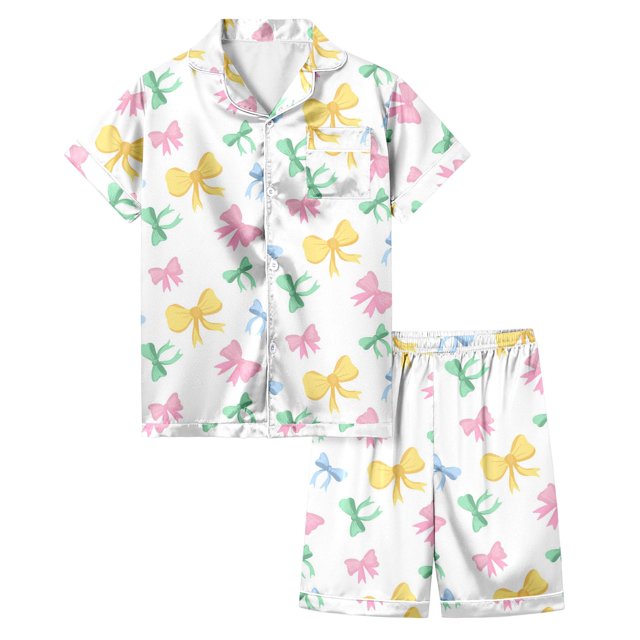 Ensemble de Pyjamas en Soie pour Filles, Manches Courtes Imprimées, Hauts Boutonnés, Ensemble de Pyjamas Classiques pour Tout-Petits, Pyjamas pour Garçons et Filles, Mode