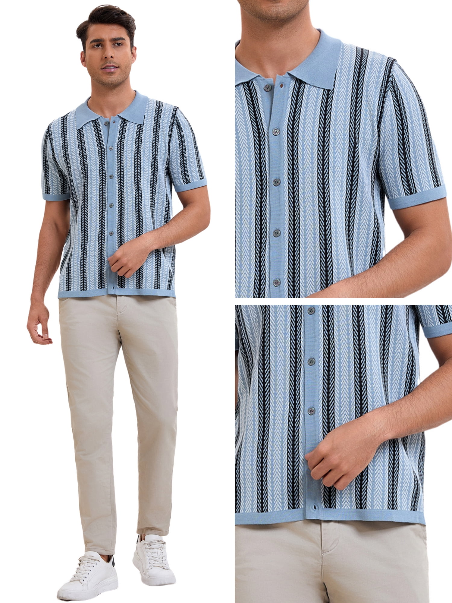 DARING DIVA Men's Striped Short Sleeves Button Down Jacquard Polo Shirts S Light Blue