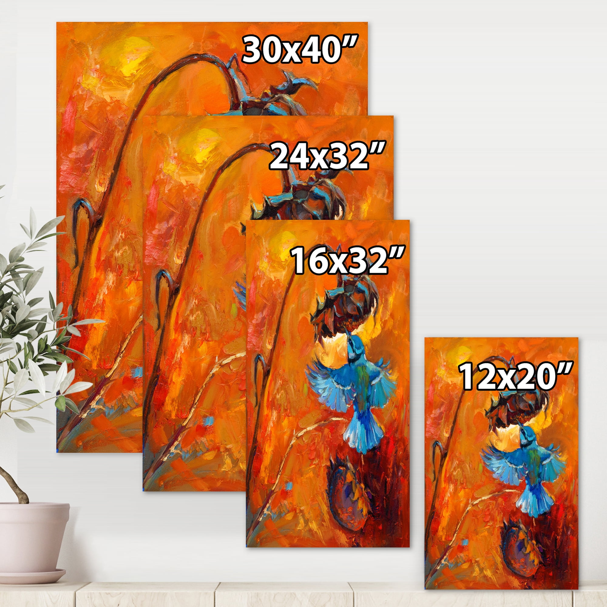 Designart ' Blue Hummingbird On Orange Sunflower ' Traditional Canvas Wall Art Print