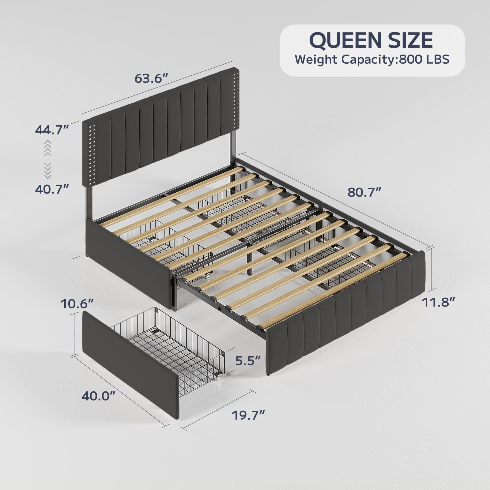 Bedroom Furniture Set: Queen Bed with 4 Drawers, 5-Drawer Dresser & 6-Drawer Dresser and 2 Nightstands, Black