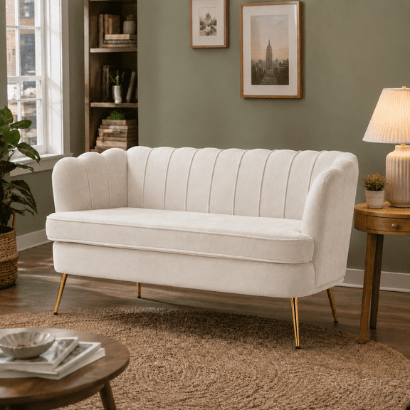 MOONMISS Chenille 2-Seater Loveseat with Gold Legs,Scallop-Tufted Curved-Back Sofa for the Living Room or Bedroom,Beige