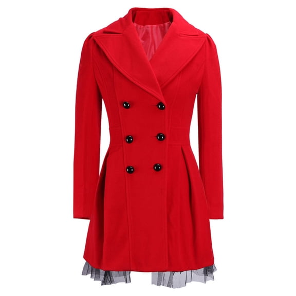 Women's Flared Double-Breasted Trench Coat - Long Lapel Peacoat Outerwear, Red, XL
