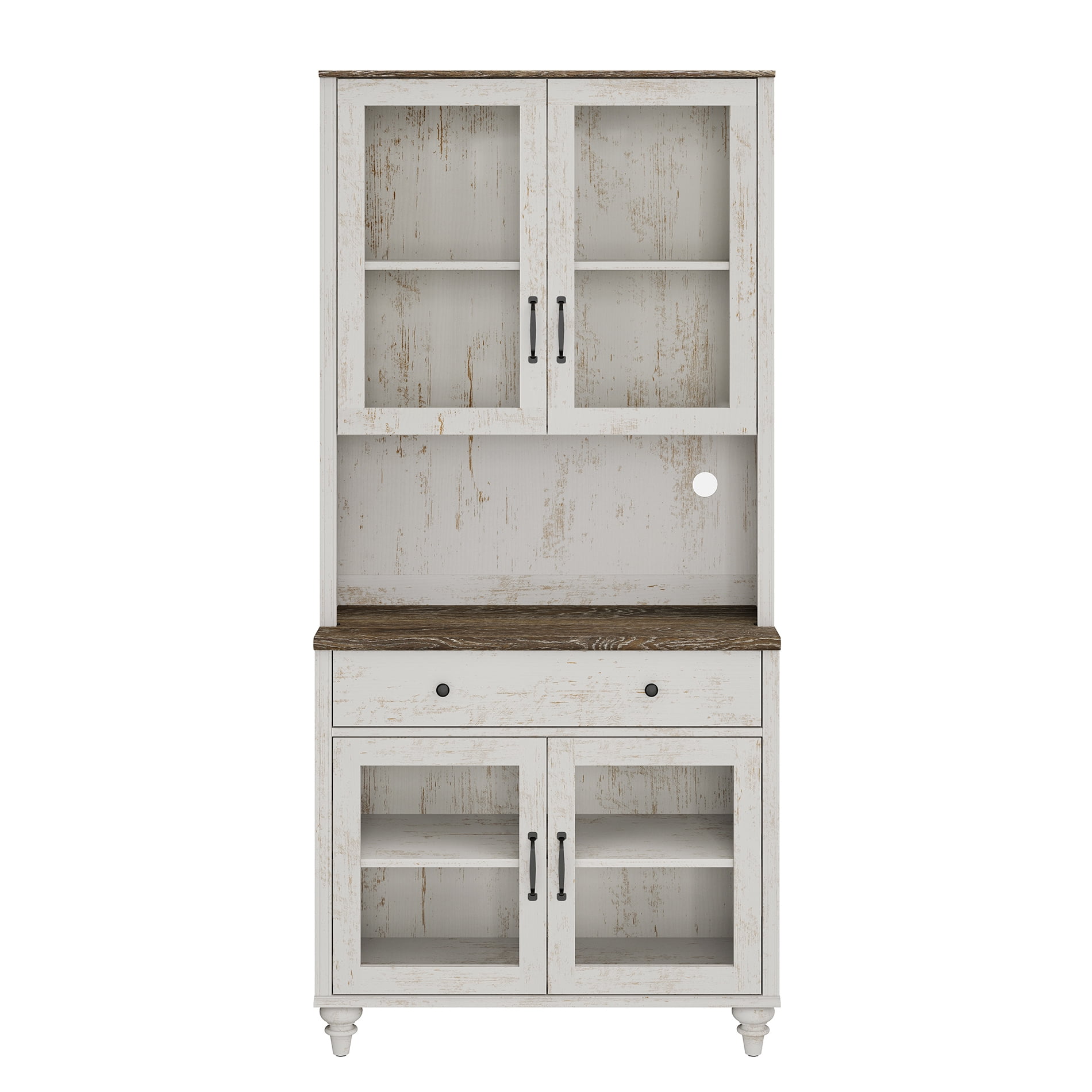 72"H x 33.9"W 5-Tier Farmhouse Wooden Bookcase, Display Bookshelf with Glass Doors, Roomy Storage Cabinet & Wood Drawer, Library Book Shelf for Living Room, Office, Kitchen, Rustic White