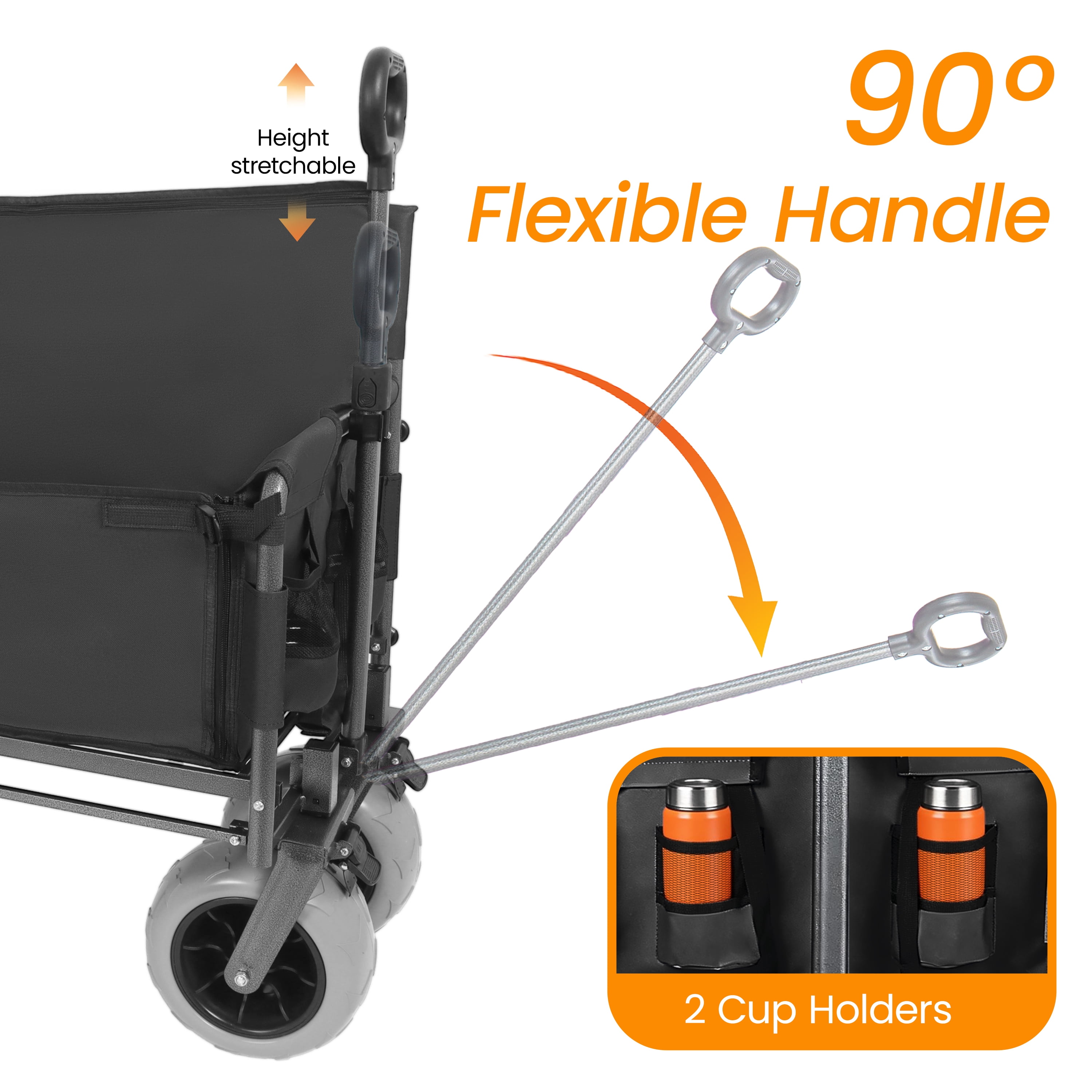 3-in-1 Collapsible Folding Wagon Cart Black, Convertible Bench with Rear Folding Tabletop and Cup Holders, 360°Swivel All-Terrain Wheels for Camping, Beach, Garden, Fishing
