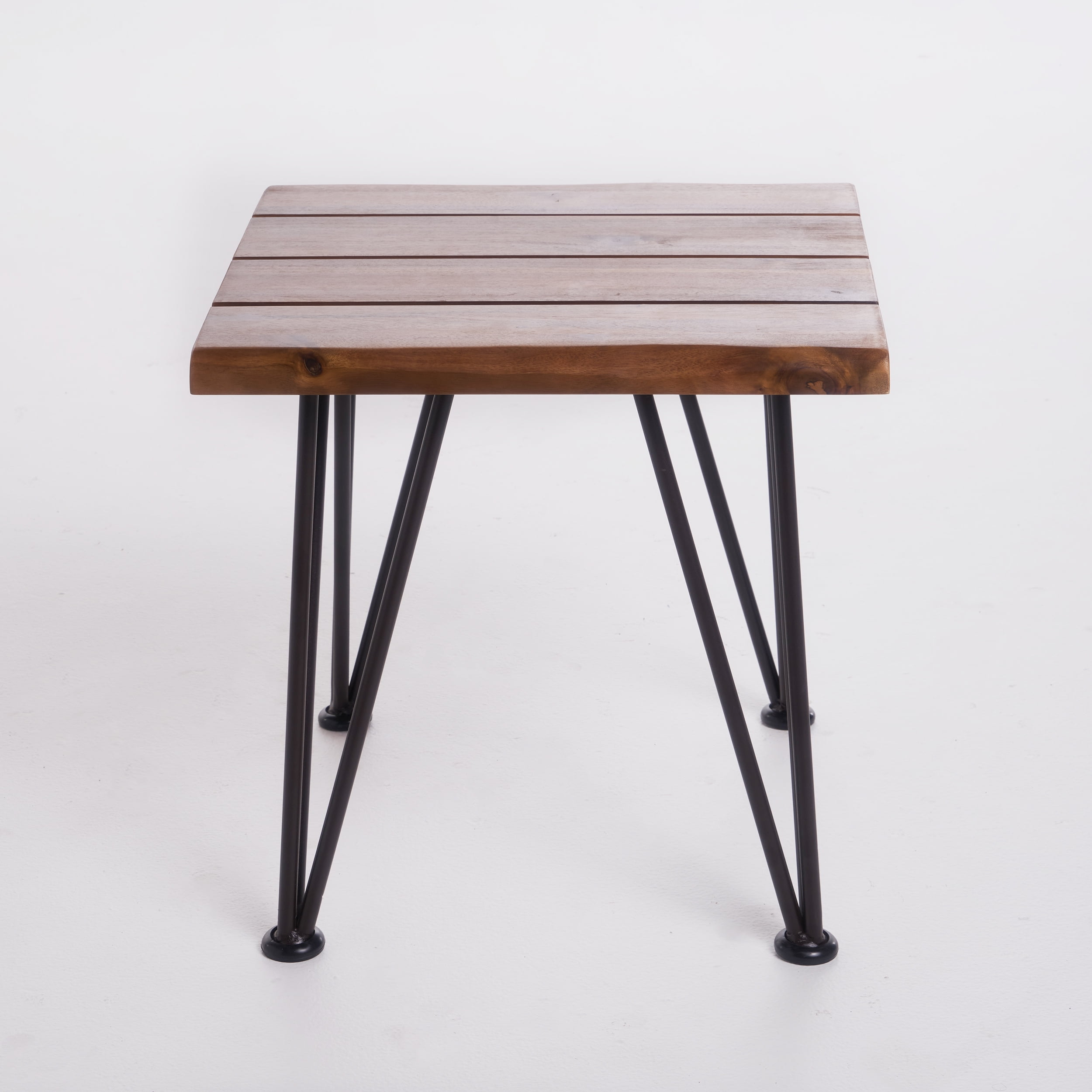 Outdoor Industrial Style Accent Side Table, Wood and Metal Combined Decor Table for Patio Garden, Teak and Black