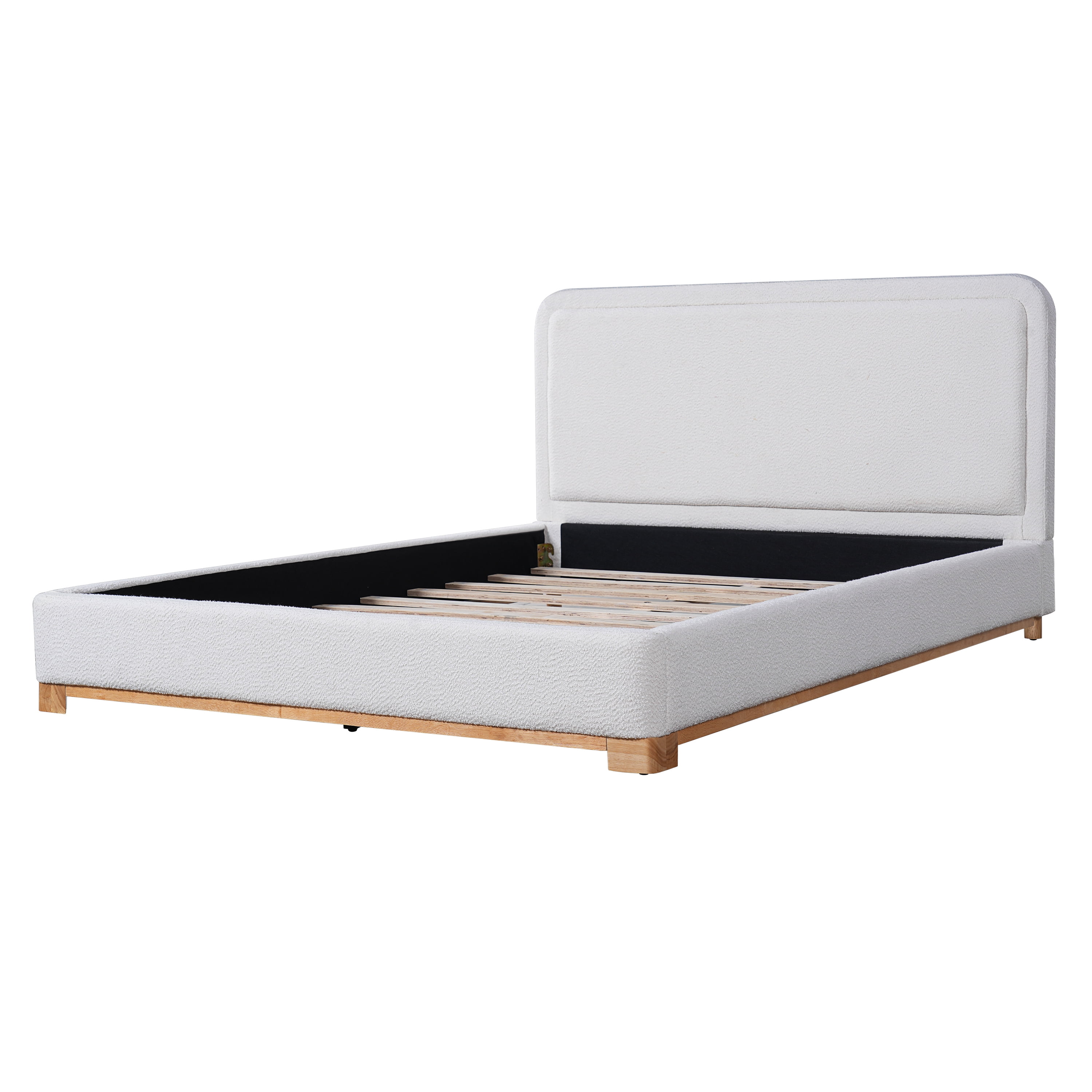 Queen Size Bed Frame with Boucle Upholstered Curved Headboard & Solid Wood Base, Platform Bed for Bedroom, White