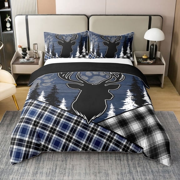 Rustic Deer Comforter Cover Woodland Animals Patchwork Duvet Cover Queen,Reindeer Moose Bear Paw Print Pine Tree Bedding Set Buffalo Checked Plaid Country Decor,Navy Blue Wood Board Farmhouse Decor