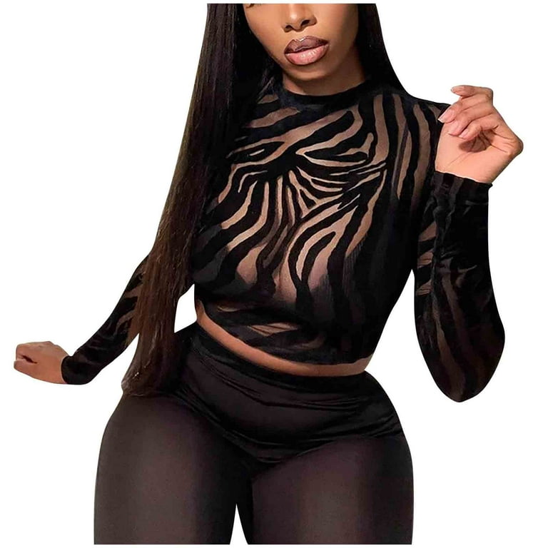 CYMMPU Sexy Crop Top Printing Sheer Mesh See Through long sleeve Tee Slim  Fit Pullover Blouse Clubwear Black 