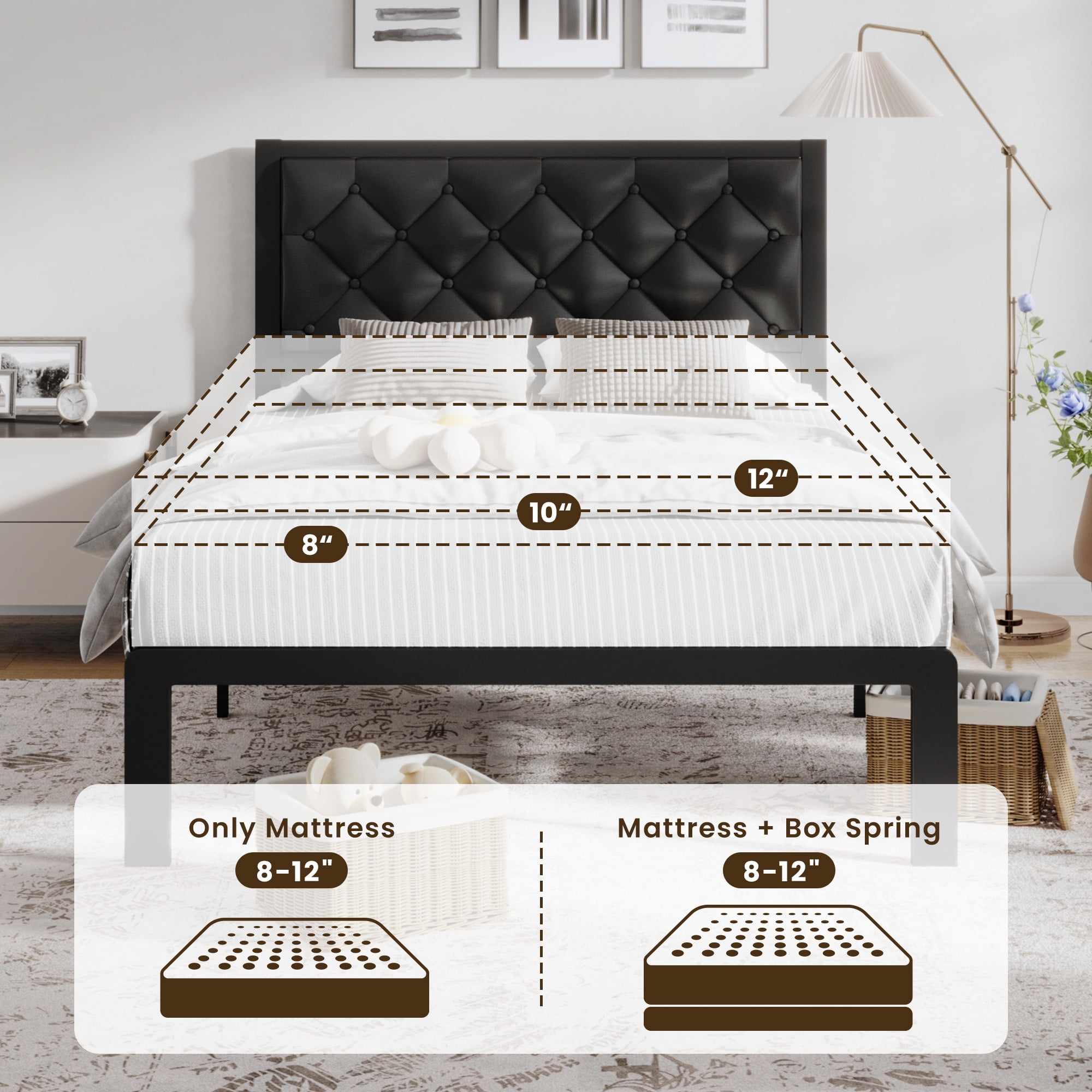 Lifezone Bed Frame with Headboard PU Leather Upholstered and All Metal Slats Support Platform, Twin