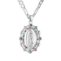 HZMAN 14K Gold Plated Oval Cutout Heart Virgin Mary Prayer Necklace Amulet Our Lady of Guadalupe Pendant Multicolor Cubic Zirconia Women Daughter Gift (Silver)