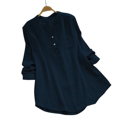 - Women V Neck Baggy Loose Cotton Tops T Shirts Plus Size Long Sleeve Tunic Blouse
