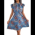 thumbnail image 3 of Vestido Plisado Floral Hasta la Rodilla para Mujer, para Vacaciones, Cuello Redondo, Sin Mangas, Cintura Alta, Ajustado, Azul L, 3 of 9