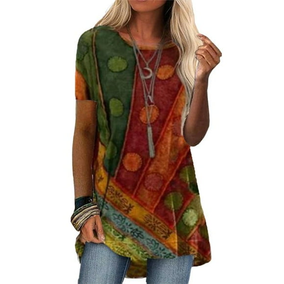 LYD, camisetas tipo túnica de manga corta de verano para mujer, camisetas con estampado Vintage de dobladillo alto y bajo, Jersey holgado LYD las mujeres de manga corta