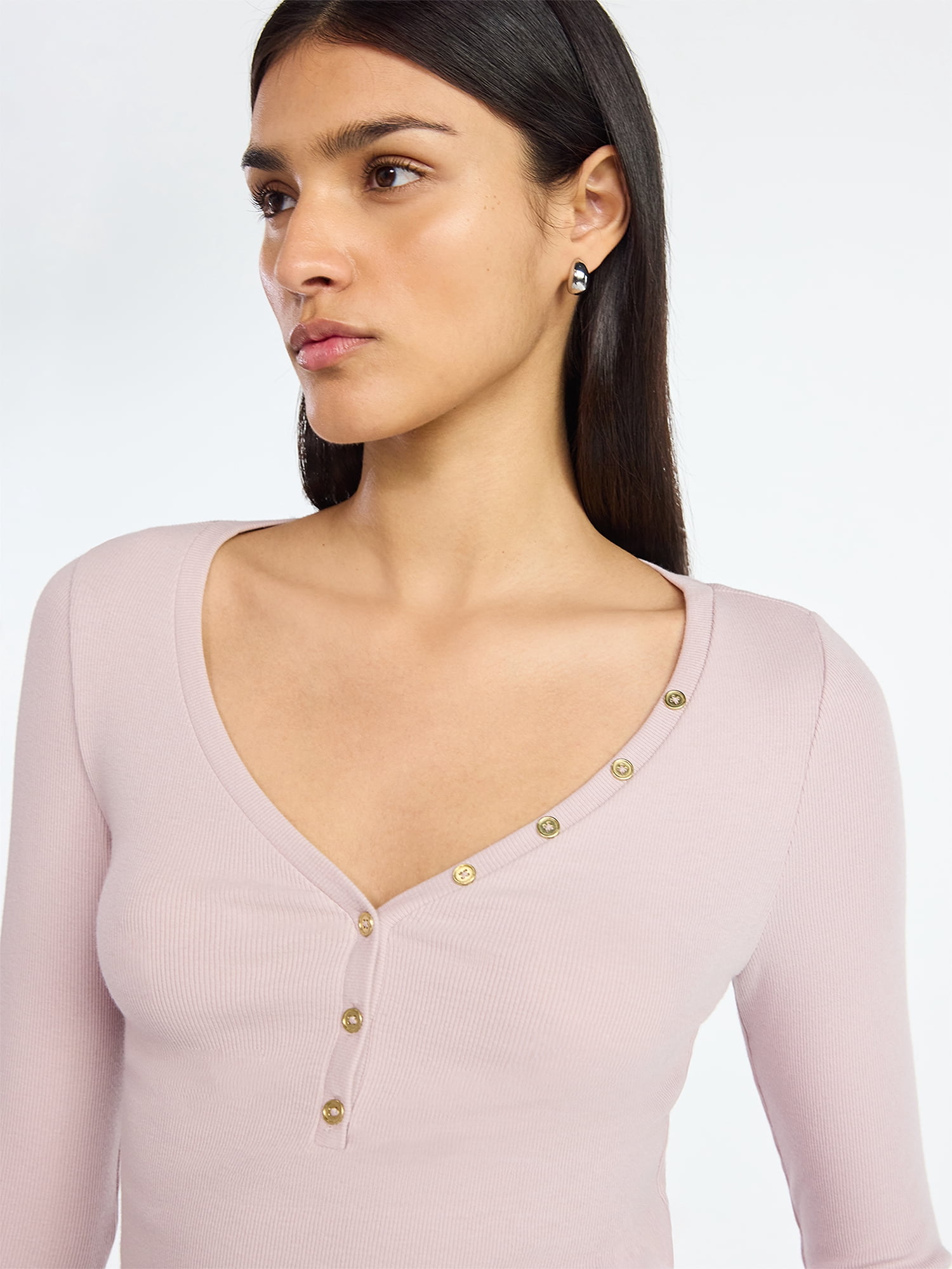 Scoop Women’s Ribbed V Neck Henley Top with Long Sleeves, Sizes XS-XXL