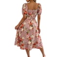 thumbnail image 4 of Women‘s Boho Floral Summer Midi Dress Puff Sleeve Square Neck A Line Flowy Dresses Smocked Wedding Guest Dresses, 4 of 5