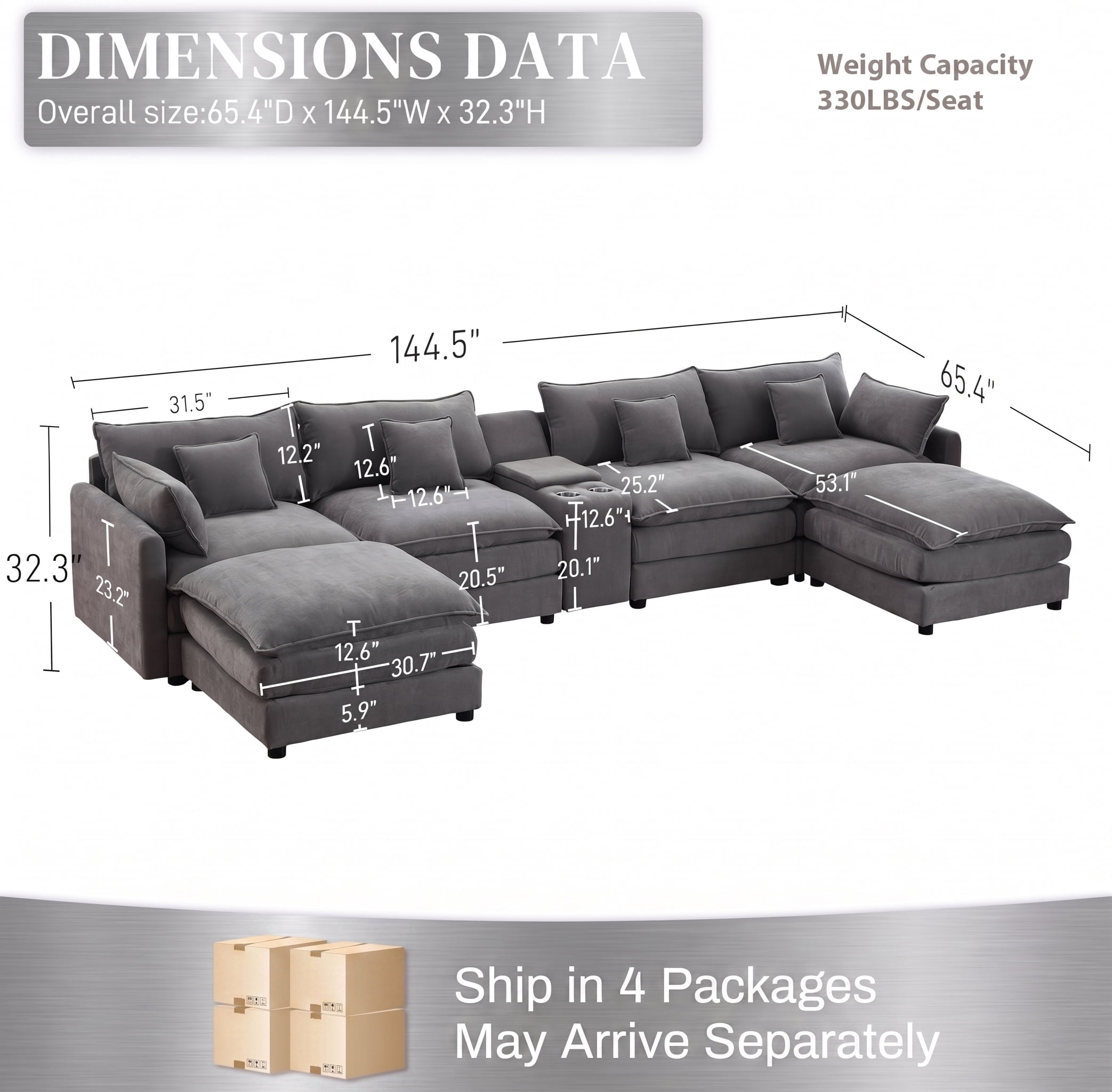 ANPPORT 145" U Shaped Cloud Modular Sectional Sofa, Chenille Deep Seat Couch with Storage Console, USB Ports & Cup Holders for Living Room, Grey