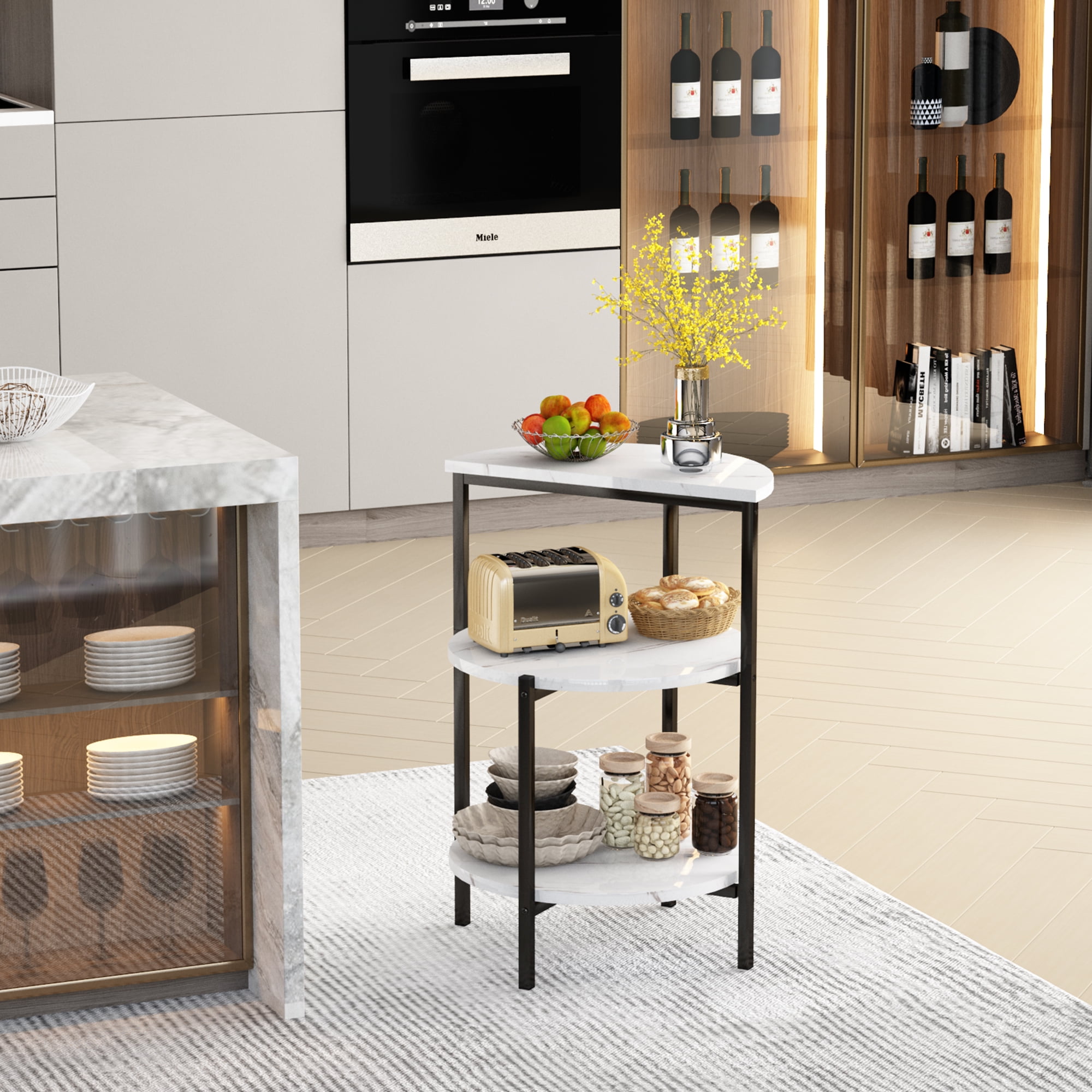 Baxluxe Marble Side Table Set with Storage Shelves, Set of 2 Round Faux Marble End Table, Metal Frame Small Accent Coffee Table Nightstand, 3 Legged Living Room Table for Small Space, White+Black