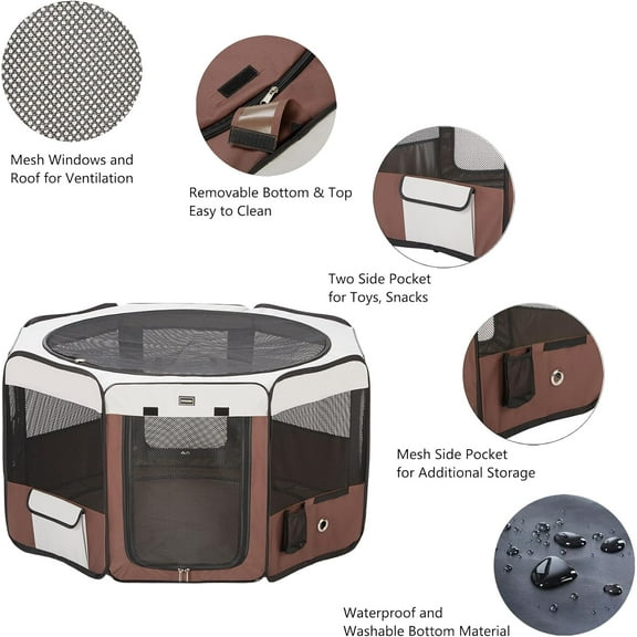 Portable Pet Playpen for Small Dogs, Cats, Rabbits - 8-Panel with Carrying Case, Removable Zipper Top & Bottom (Brown, Small)